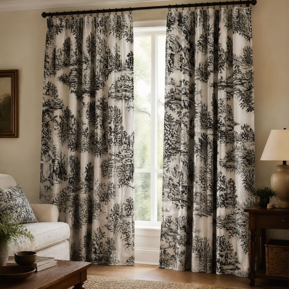 French Country Toile de Jouy Black White Cotton Curtain Panels Set of 2- 90"x58"